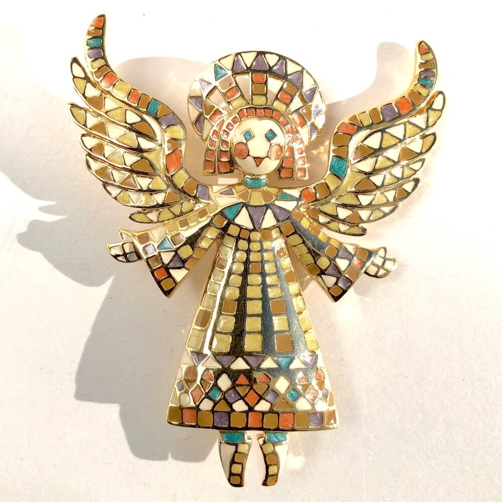 Bob Mackie Angel Pin Mosaic Enamel Gold Tone Brooch Guardian Angel Vintage 80s - Picture 12 of 16